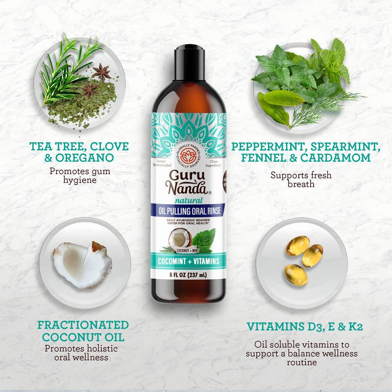Gurunanda Cocomint Pulling Oil with 7 Essential Oils & Vitamins D, E & K2 - 8 Oz